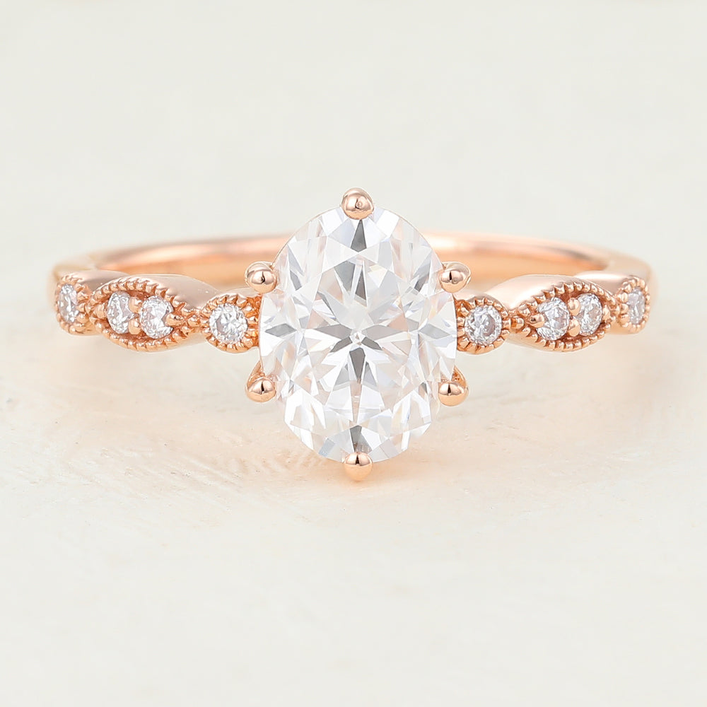 1.33 CT Oval Milgrain Pave Moissanite Engagement Ring