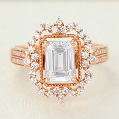 1.6 CT Emerald Cluster & Pave Moissanite Engagement Ring