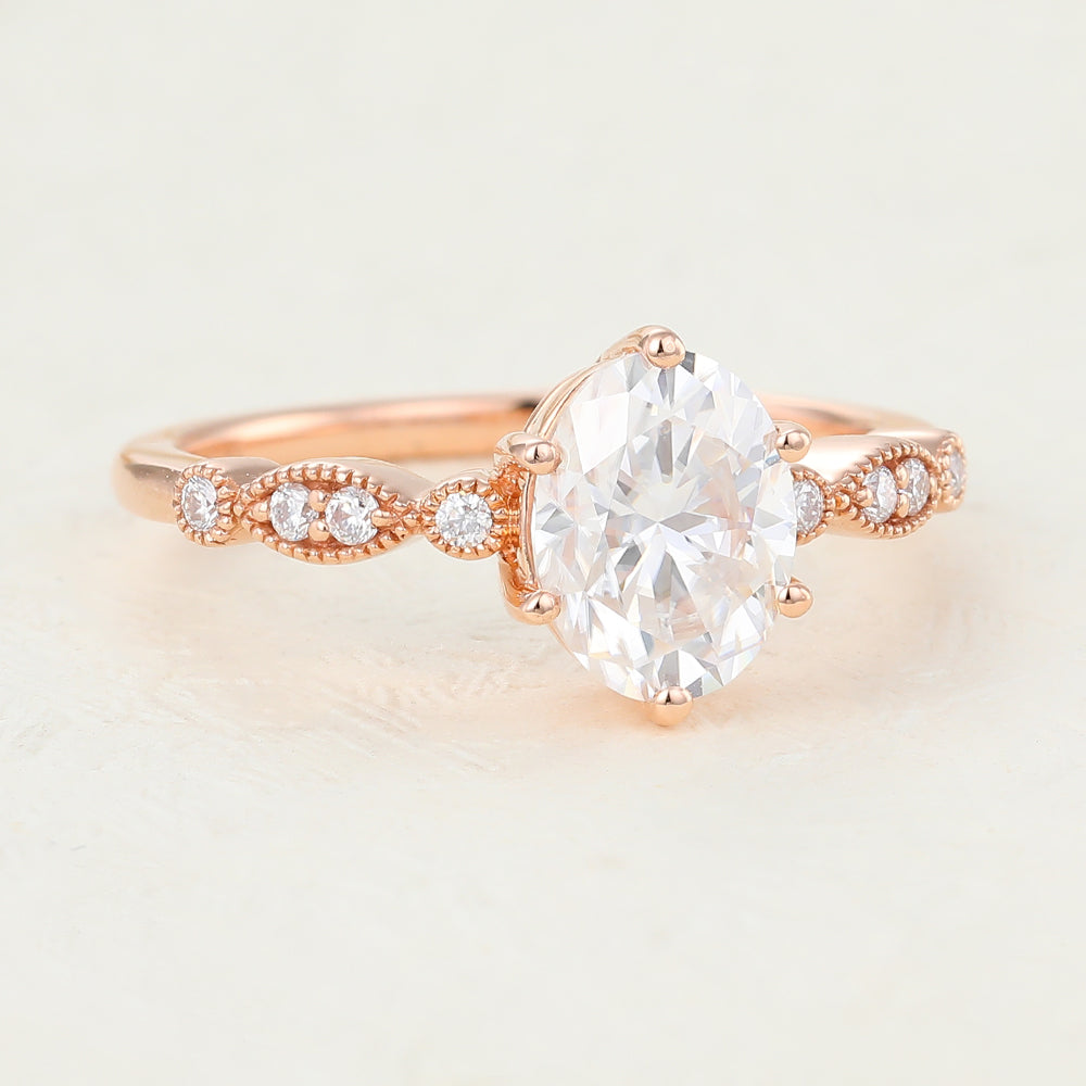 1.33 CT Oval Milgrain Pave Moissanite Engagement Ring