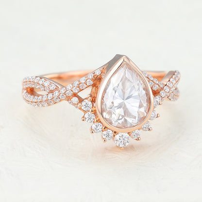 0.9 CT Pear Cluster & Bezel Moissanite Engagement Ring