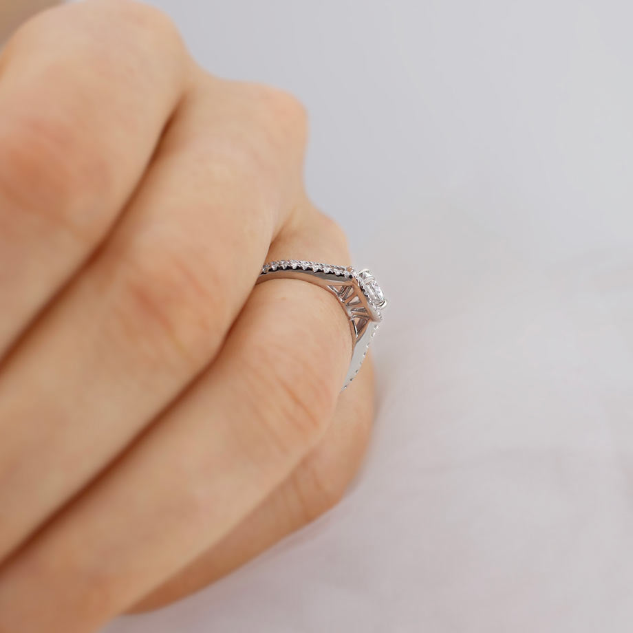 1 CT Round Halo, Pave Split Shank Lab Grown Diamond Engagement Ring