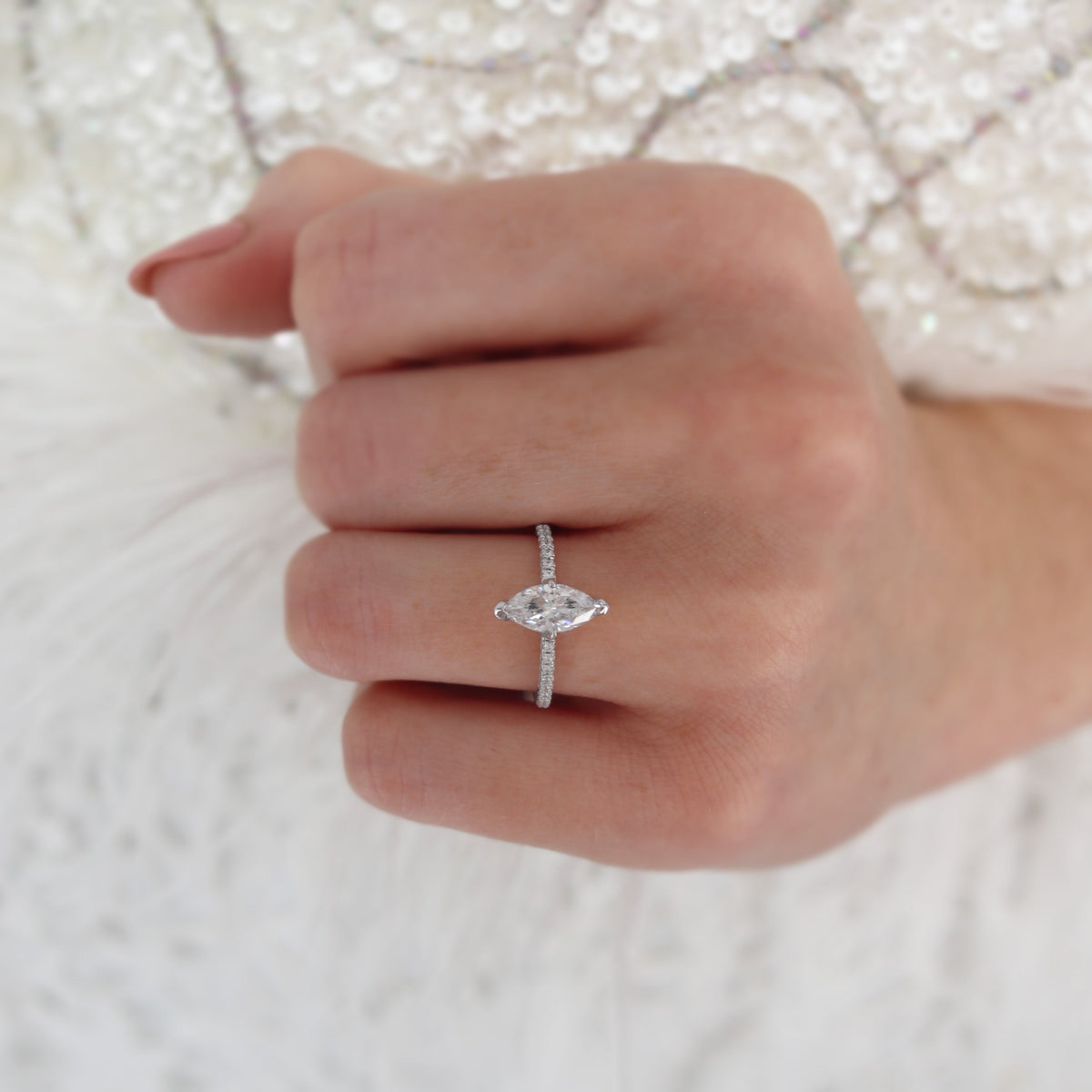 1 CT Marquise Pave Lab Grown Diamond Engagement Ring